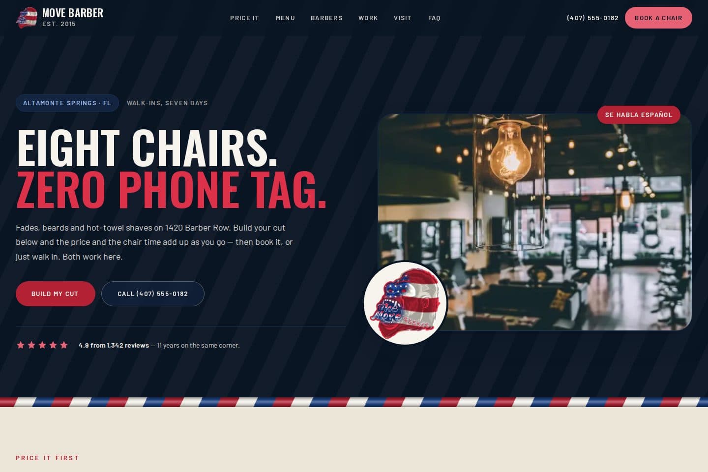 Move Barber Co. demo homepage: the headline 'Eight chairs. Zero phone tag.' beside a warm barbershop photo, with a build-your-cut flow and a booking button.
