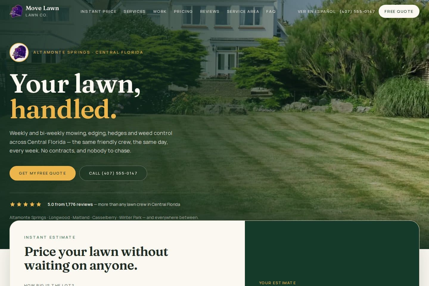 Move Lawn Co. demo homepage: the headline 'Your lawn, handled.' over a striped lawn, with an instant-estimate panel that prices the lawn without a call.