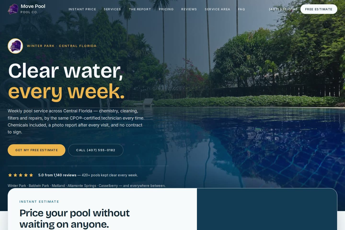 Move Pool Co. demo homepage: the headline 'Clear water, every week.' over a backyard pool, with an instant-estimate panel and a weekly service promise.